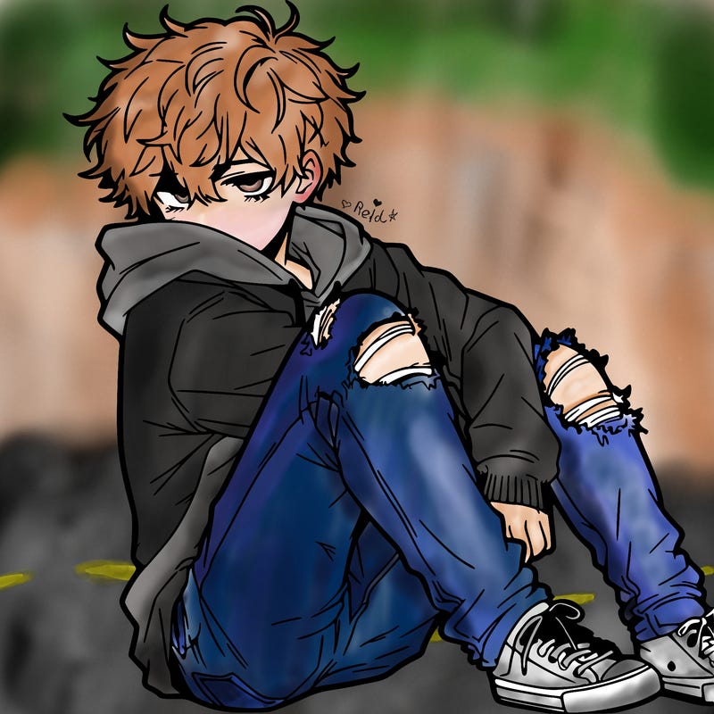 a male hoddie ripped jeans messy hair anime