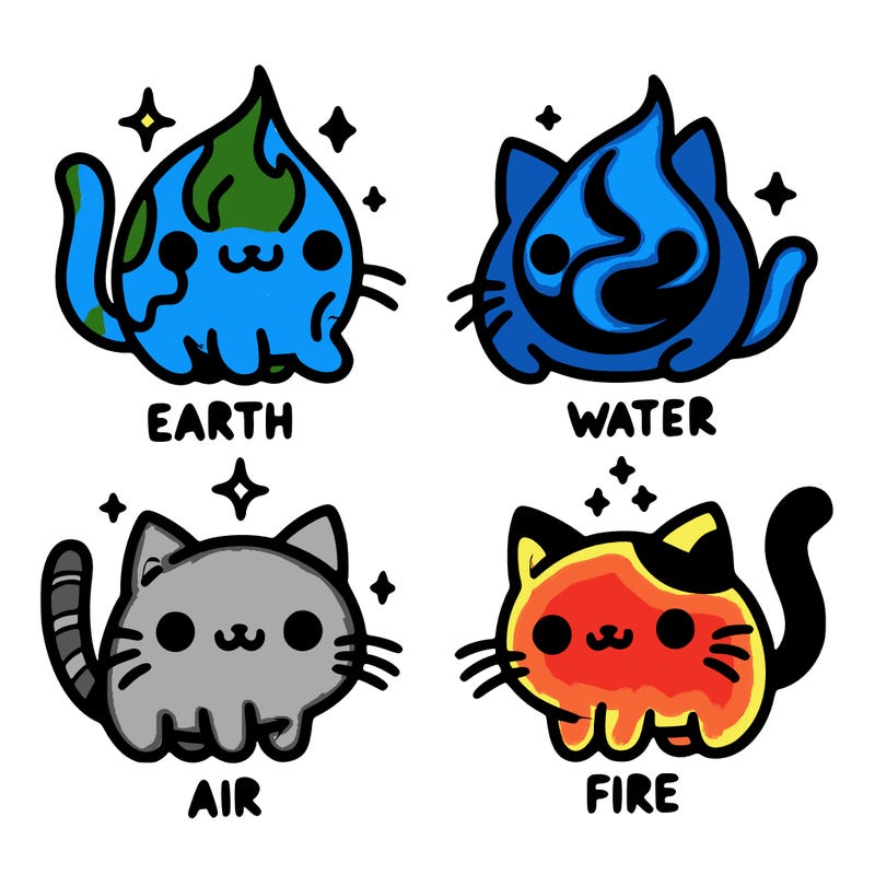 4 cats that represent the different elements, earth, water, air, and fire