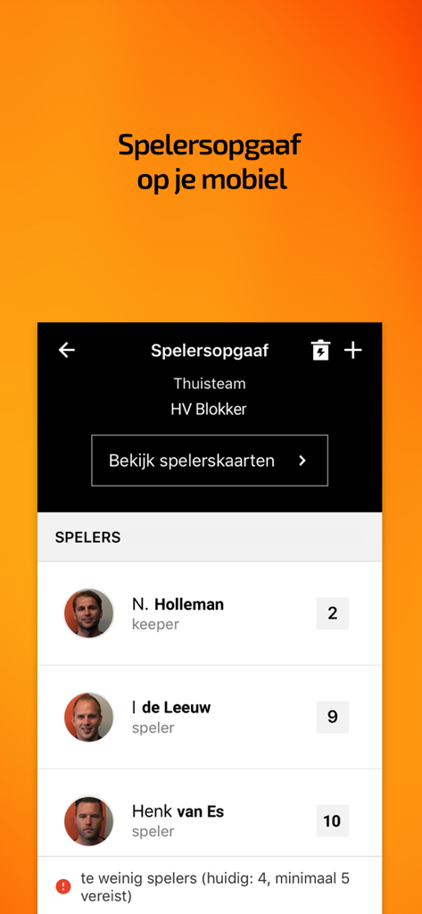 HandbalNL app interface showing the player roster and team lineup for a handball match