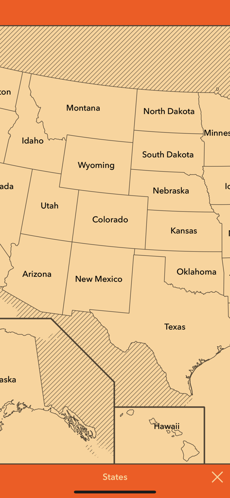 Um mapa político dos Estados Unidos mostrando nomes de estados centrais e ocidentais no aplicativo educacional Mapas do Nosso Mundo (Edu).
