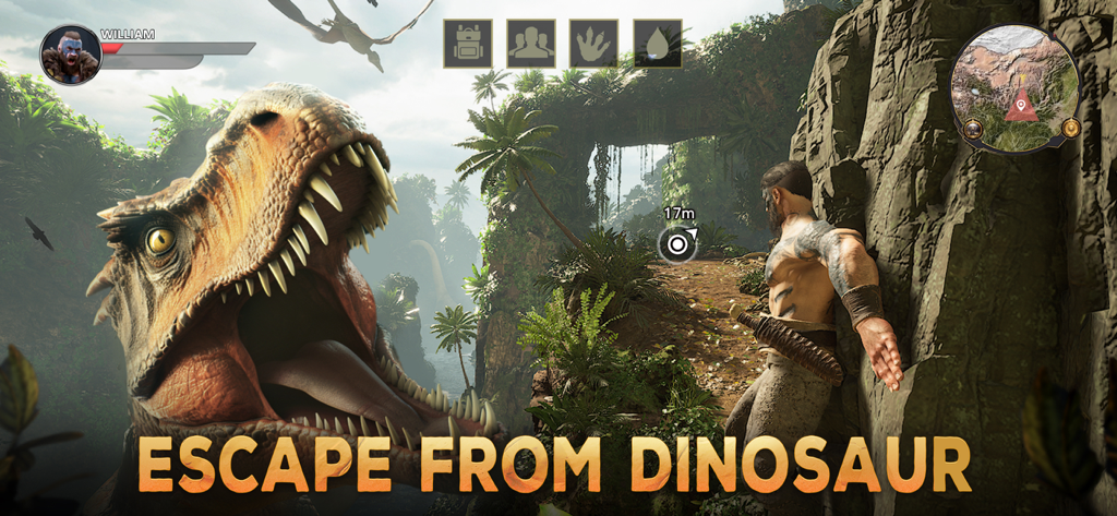 Primitive Era:10000 BC - Un personaje tribal se esconde detrás de una roca de un T-Rex gigante en un entorno de jungla prehistórica dentro de Primitive Era 10000 BC.