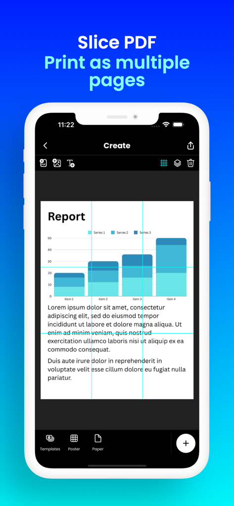 Docuslice - Poster Printing - Interface of the Docuslice app showing a PDF report being divided into a grid of printable tiles for a large poster