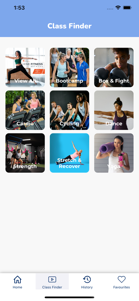 Active World - Active World mobile app screen showing the Class Finder with various fitness categories like Bootcamp, Cardio, Cycling, and Yoga.