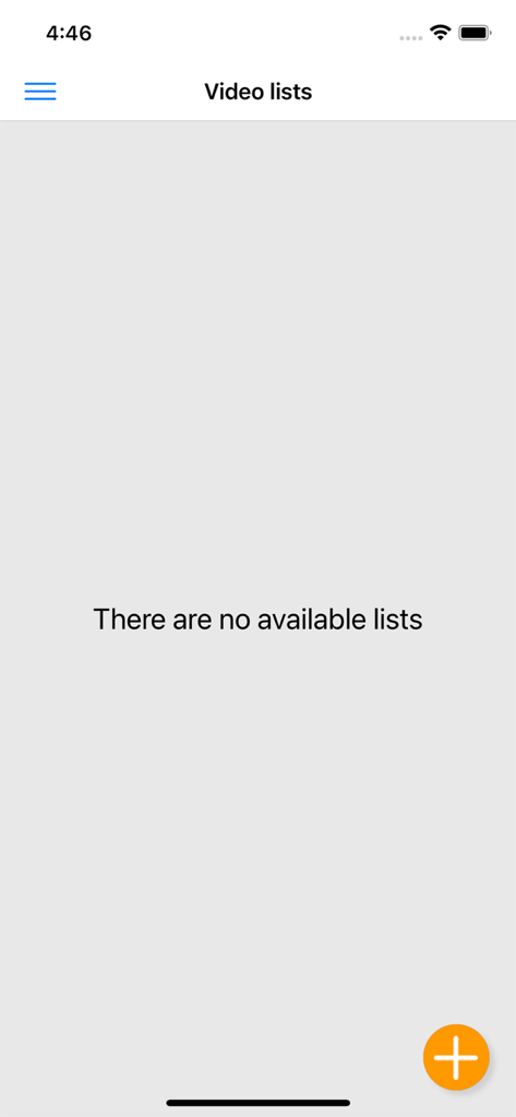 Empty video lists screen in the Liftplay app with an orange add button