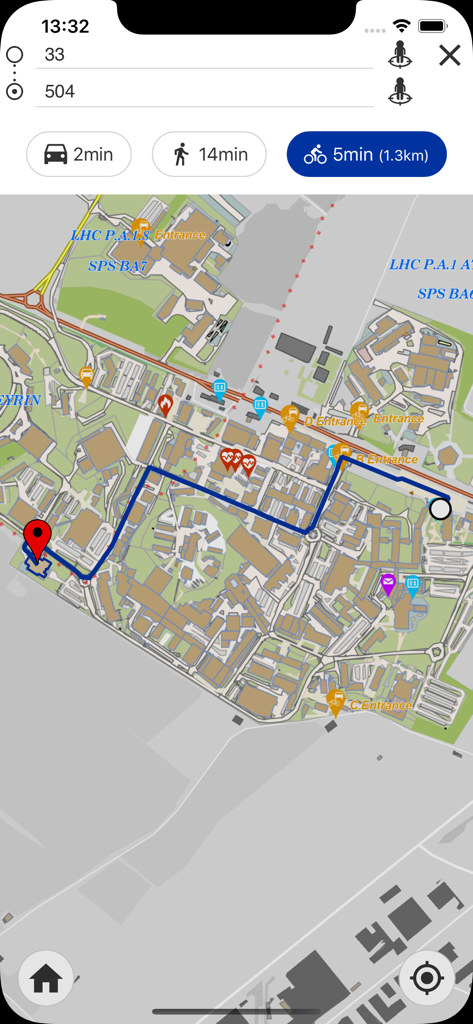 Navigation interface of the MapCERN app showing a bike route between buildings on the campus.