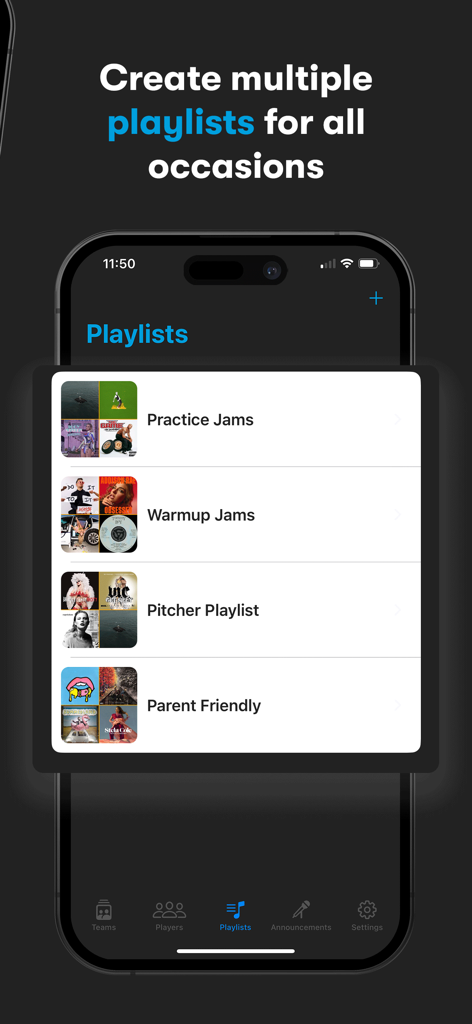 Next Batter Up: Walk-Up Music - Next Batter Up app displaying multiple playlists for baseball games including Warmup Jams and Pitcher Playlist
