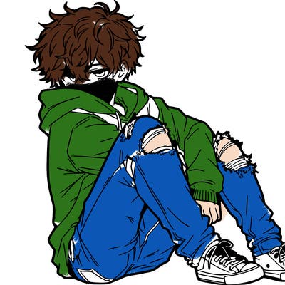 a male hoddie ripped jeans messy hair anime