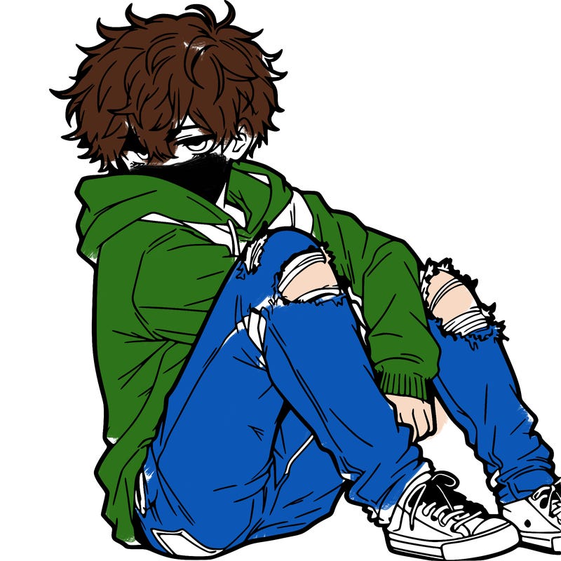 a male hoddie ripped jeans messy hair anime