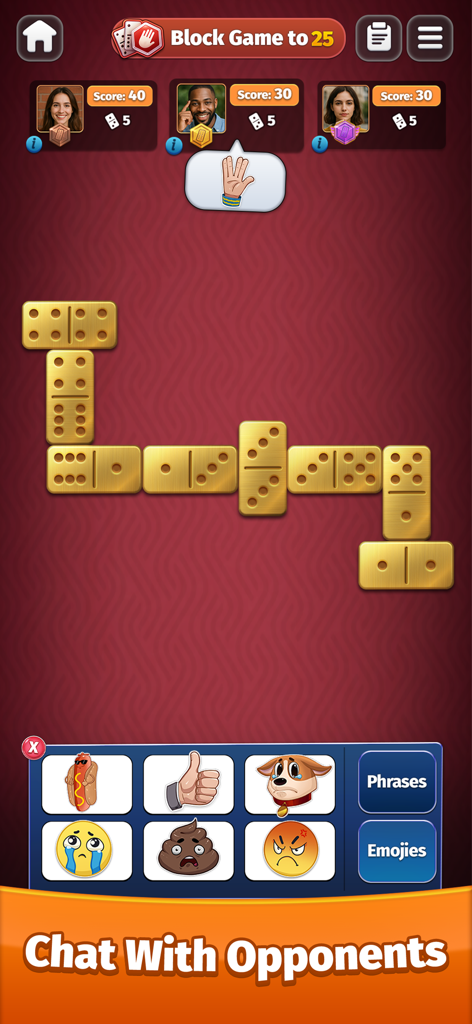 Captura de pantalla de un juego de dominó multijugador que muestra el chat interactivo con stickers.