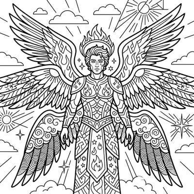 Discover a celestial masterpiece with this unique Seraphim angel coloring page, brought to life through the dynamic lens of Pop Art. Its bold lines and divine details offer an engaging artistic experience for all skill levels.