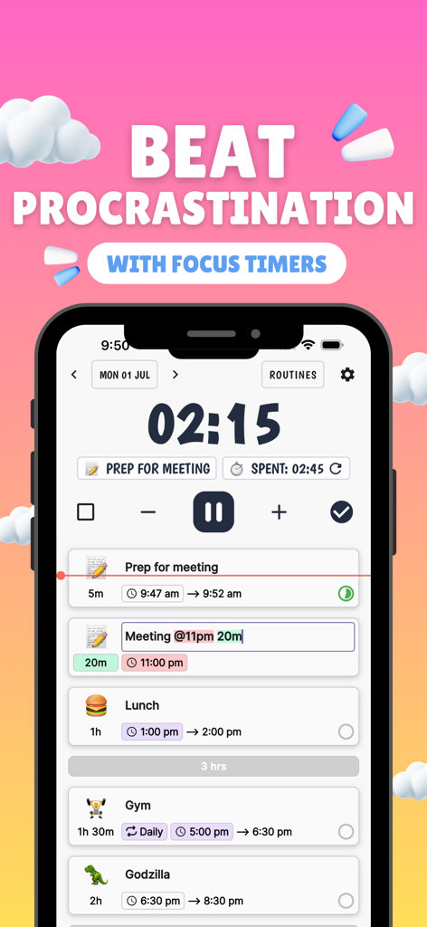Mobile app interface of ChronoCat showing a countdown focus timer and a chronological list of daily tasks with emojis