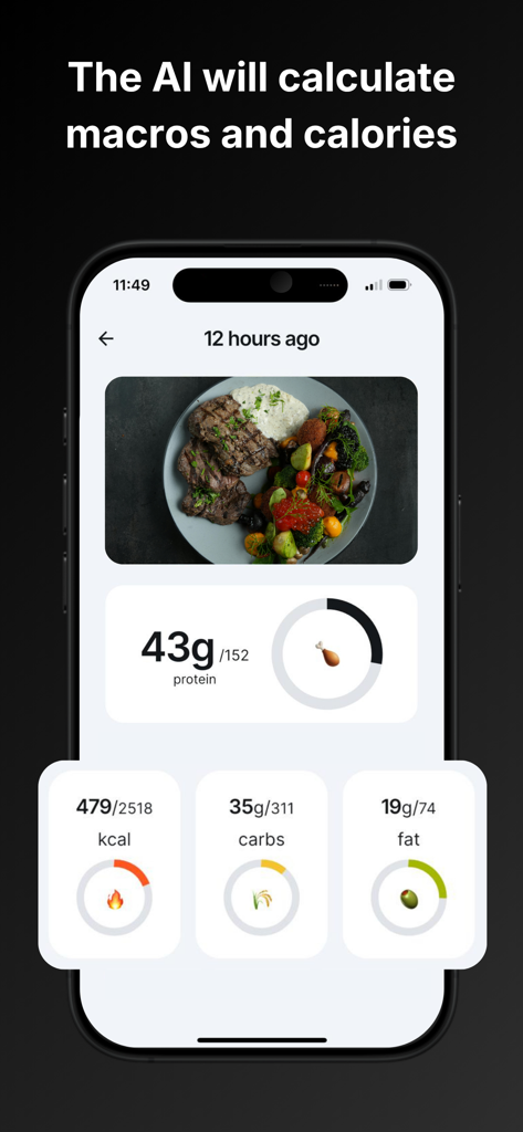 Protein Tracker: Protium - Protium app interface showing AI macro and calorie calculation for a logged meal