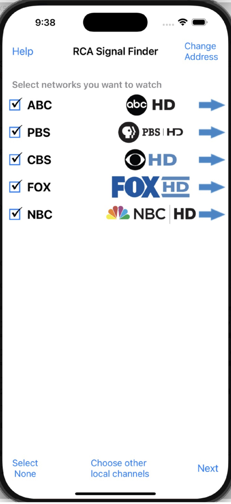 RCA Signal Finder - RCA Signal Finder app interface for selecting local HD TV channels