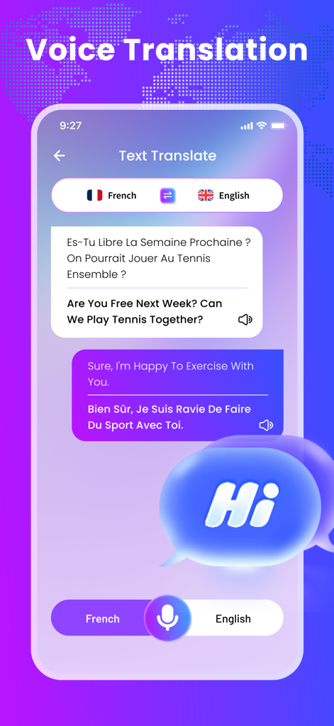 Lya Translate app interface showing a voice translation session between French and English with conversation bubbles.