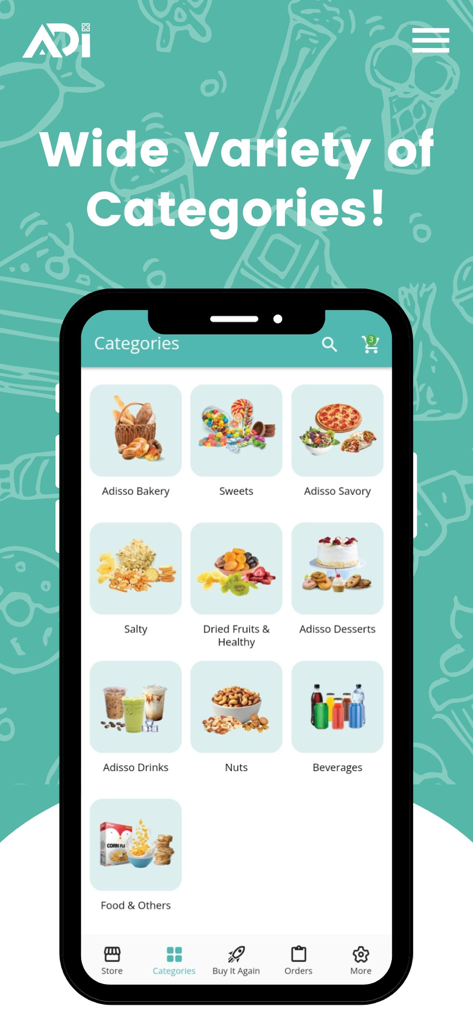 ADI Lebanon - Pantalla de la aplicación móvil ADI Líbano mostrando categorías de dulces de panadería, snacks salados, frutos secos y bebidas.
