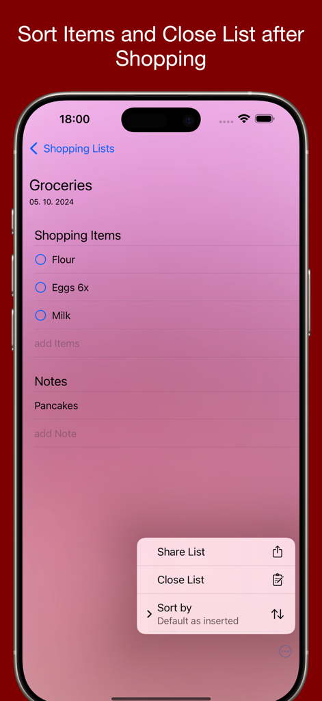 Shopping List For Me - Interfaz de la aplicación Lista de Compras Para Mí mostrando artículos de comestibles y un menú de clasificación en un iPhone.