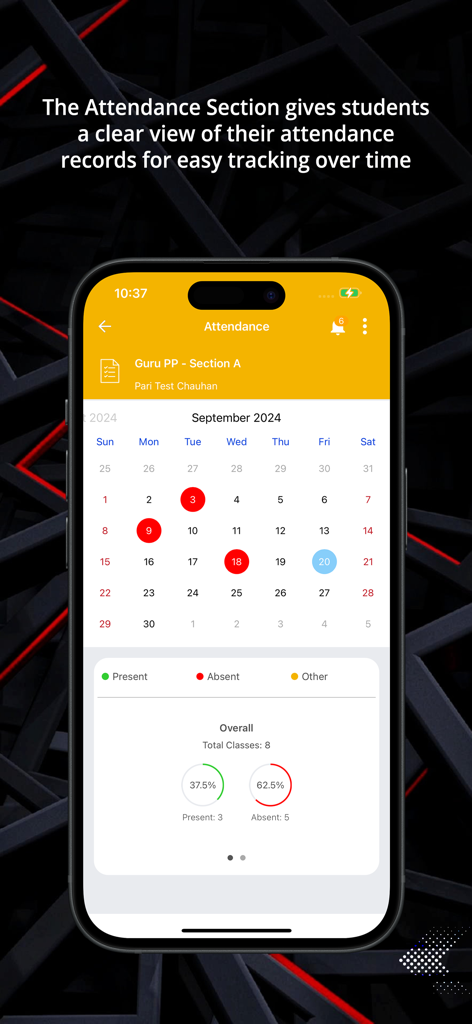 Academia @ IIT - 월간 캘린더와 백분율 차트가 있는 출석 추적 화면