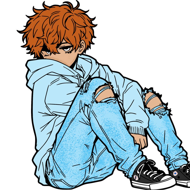 a male hoddie ripped jeans messy hair anime
