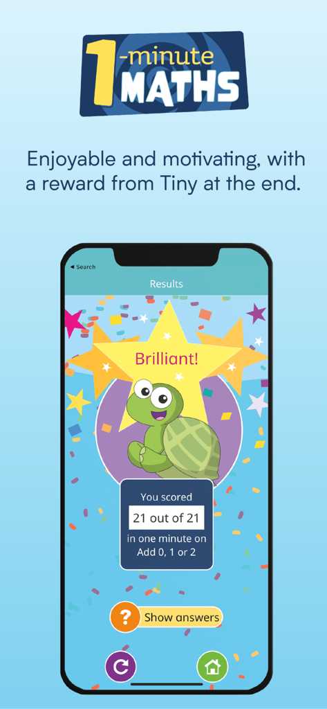 1-Minute Maths - 1-Minute Maths app results page featuring a perfect score and Tiny the turtle character