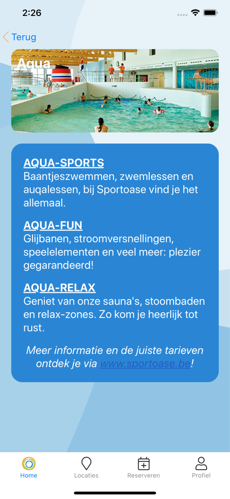 Sportoase - Pantalla de la aplicación Sportoase que muestra servicios de aquagym y piscina