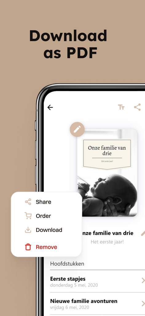 Baby Diaries - Book Journal - A mobile app interface for Baby Diaries showing a baby journal cover and the option to download as a PDF.