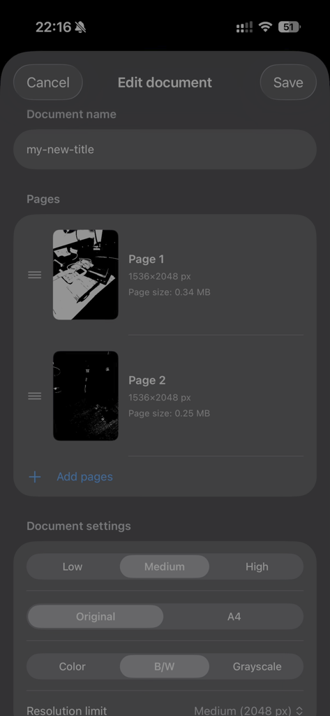 Quick Scan And Share - Mobile document editor interface showing page thumbnails and customizable scan settings like quality and color mode.