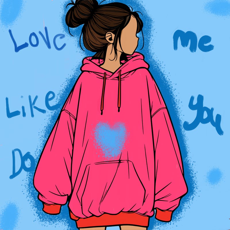 realistic girl with a oversized sweatshirt on and a bun
