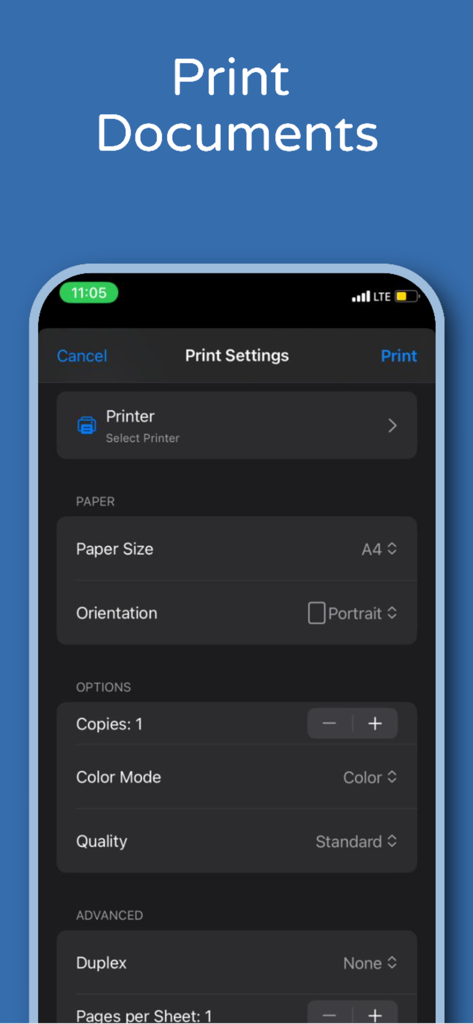 Un écran d'iPhone montrant l'interface des paramètres d'impression de l'application Print Master avec des options pour la taille du papier, le mode couleur et la qualité d'impression.