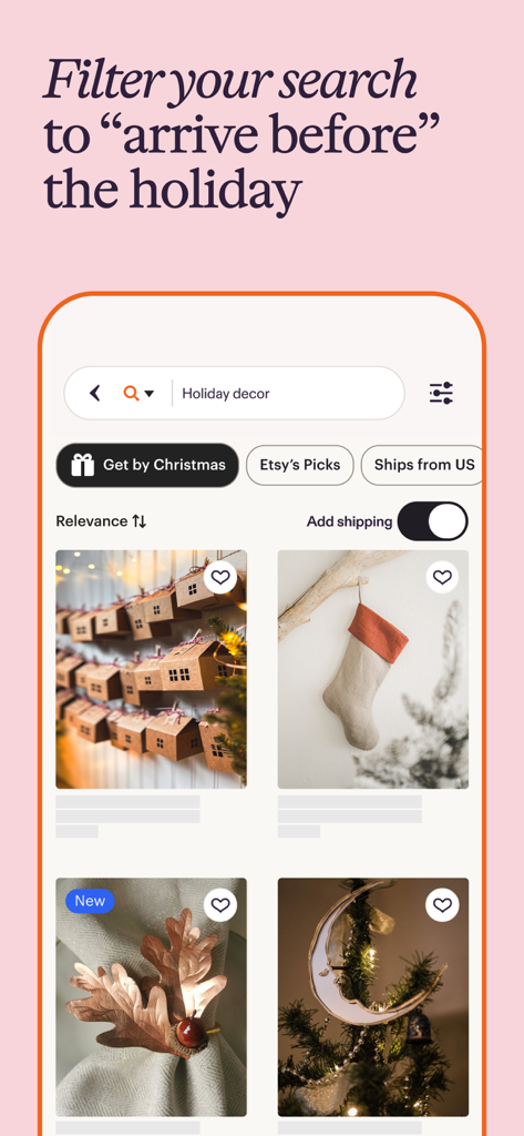 Etsy: Shop Home, Style & More - Interfaccia dell'app mobile Etsy che mostra i risultati di ricerca per l'arredamento festivo con filtri per la data di consegna per l'arrivo a Natale