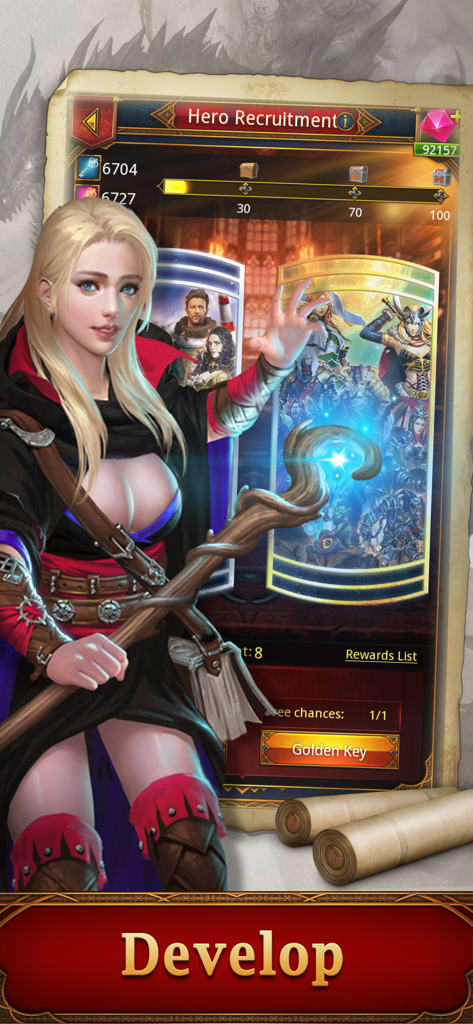 King's Empire - Hero recruitment menu in Kings Empire featuring a female mage and character cards