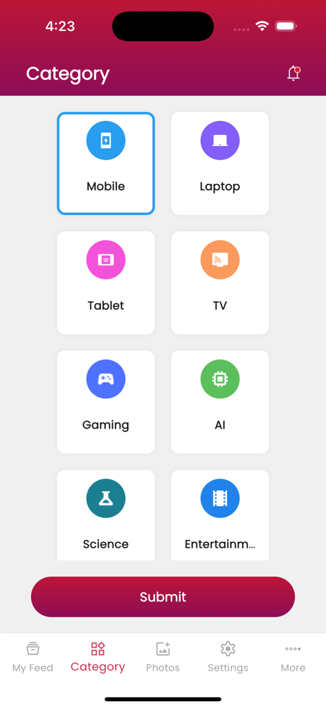 Category selection screen in the Gadgets360 Turbo app showing various tech topics like mobile laptop and gaming