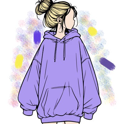 realistic girl with a oversized sweatshirt on and a bun