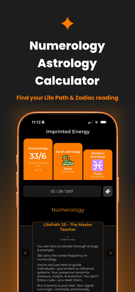 CUE占星術アプリのインターフェース。マスターティーチャーのライフパスの数秘術と星座の読み取りを表示。
