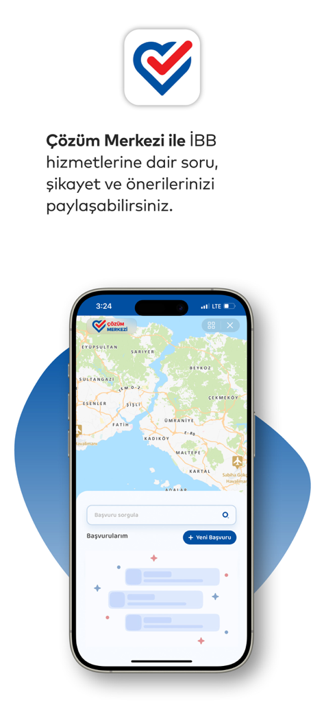 İstanbul Senin - Smartphone-Bildschirm, der die Funktion Solution Center der Istanbul Senin App mit einer interaktiven Karte von Istanbul für Nutzerfeedback und Serviceanfragen zeigt.
