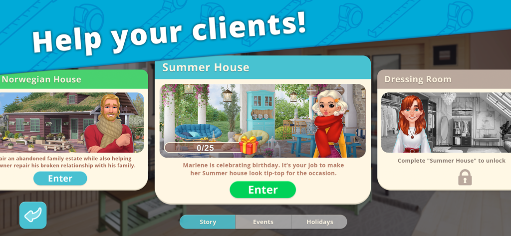 Interior Story:Decorating Home - Interior Story mobile game interface showing different client home design projects like Norwegian House and Summer House