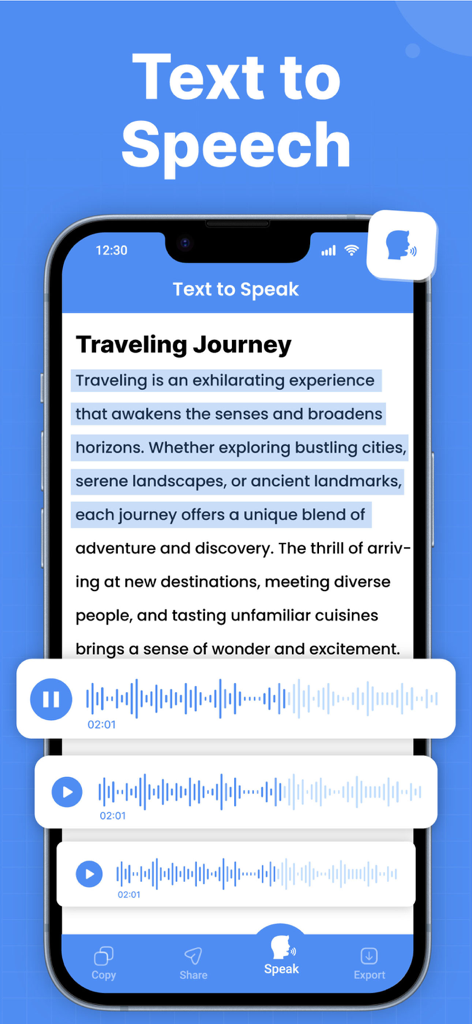 Picture To Text: Image To Text - Interfaz mostrando la conversión de texto a voz con formas de onda de audio en la aplicación Picture To Text.