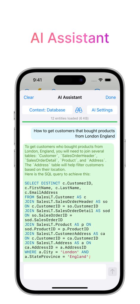 MySQL Mobile Client - 자연어 요청에 따라 SQL 쿼리를 생성하는 DB Compass 앱의 AI 어시스턴트