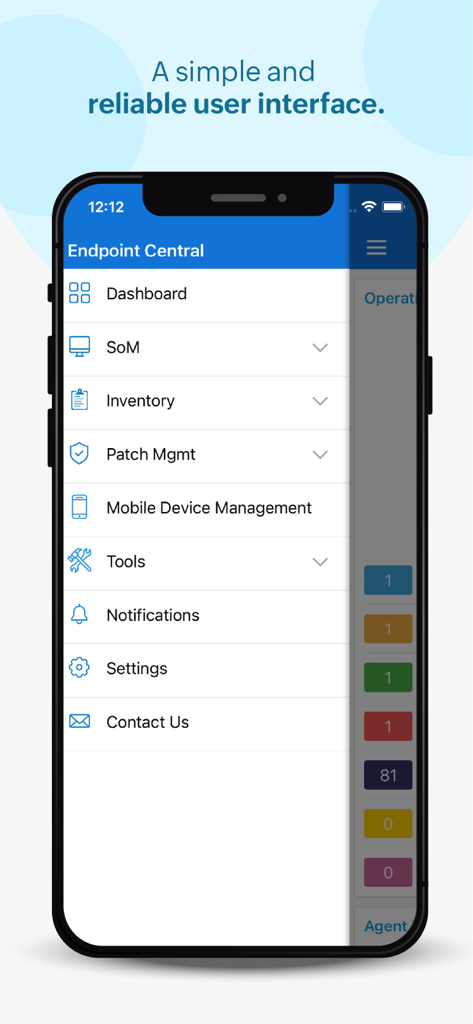 Endpoint Central - Main menu of the Endpoint Central mobile app for IT management