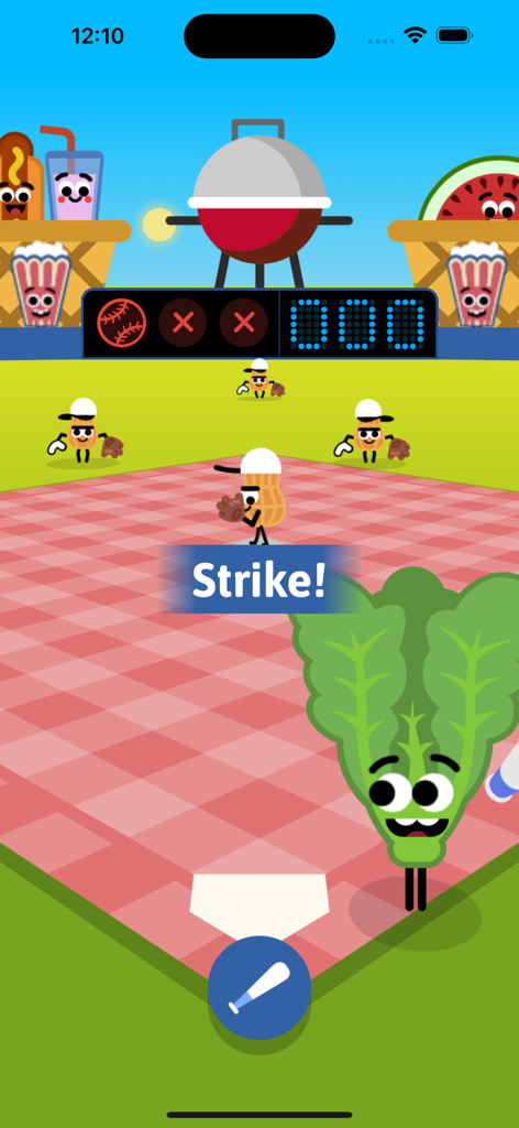 Doodles Baseball Game - Gameplay of Doodles Baseball Game showing food characters playing on a picnic blanket field with a strike message.