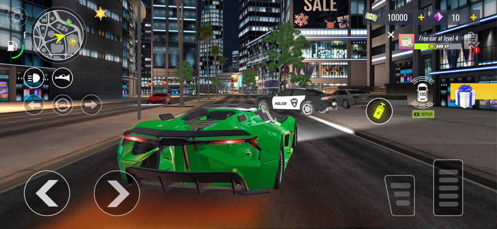 Real Car Driving Night City - A green sports car driving through a neon city at night with a police car nearby in Real Car Driving Night City