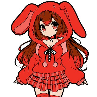pretty anime girl wearing a fluffy hoodie with bunny ears on the hood and a skirt
