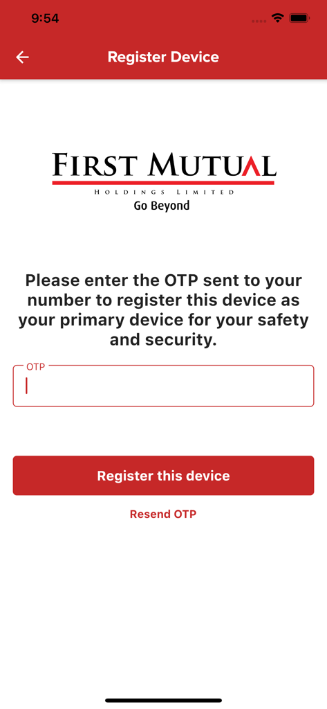 Pantalla de registro de dispositivo de First Mutual Holdings con campo de entrada OTP.