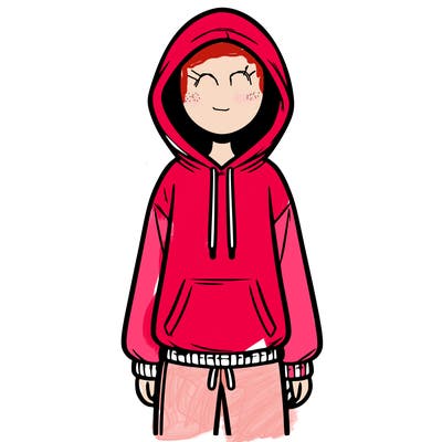 faceless girl in a tracksuit with a hood on and no hair
