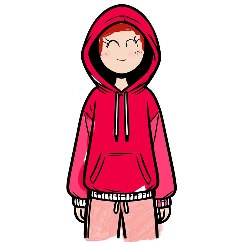 faceless girl in a tracksuit with a hood on and no hair