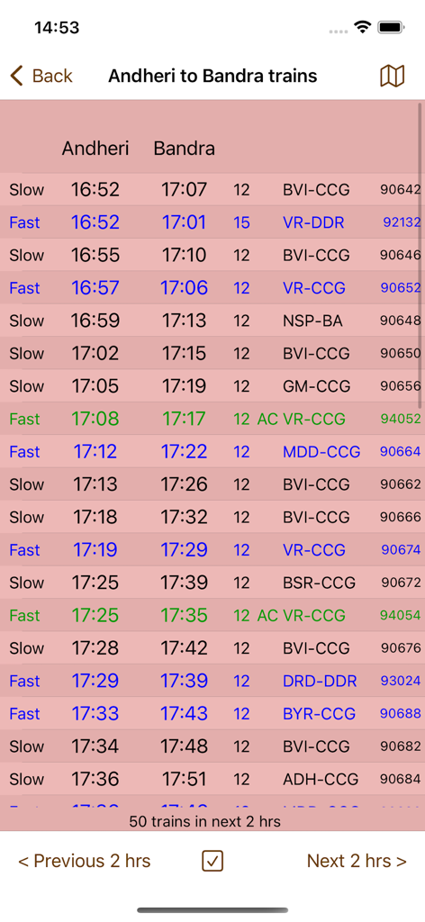 Mumbai Local Train Timetable - Mobile app screen showing a list of slow and fast local train timings from Andheri to Bandra