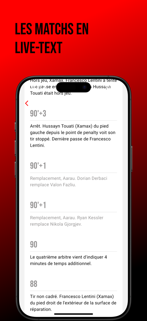 Neuchatel Xamax FCS - OFFICIEL - Mobile screen showing live match updates and text ticker for Neuchatel Xamax FCS