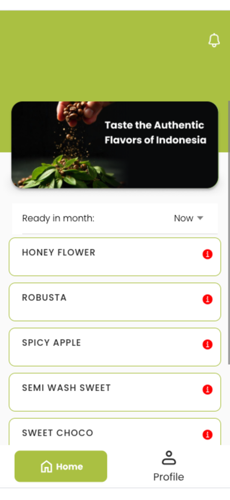 Homemade Indonesia Beans - Pantalla de inicio de la aplicación Granos de Indonesia Caseros mostrando variedades de café y perfiles de sabor.