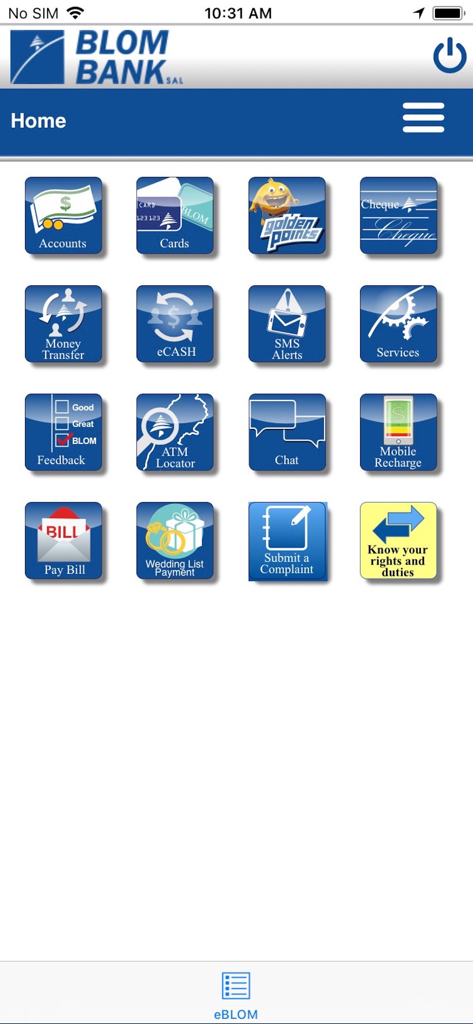 eBLOM Mobile - The home screen of the eBLOM Mobile banking app showing various financial service icons like accounts cards and money transfers