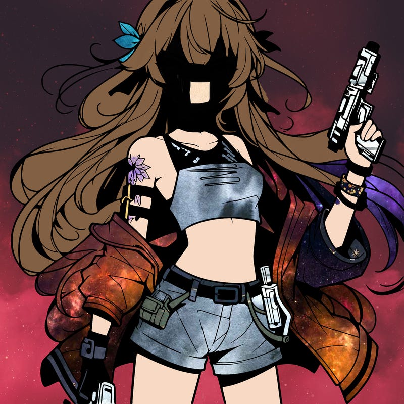 bad girl wearing crop top holding a gun long hair anime