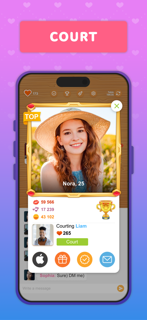 Spin the Bottle: make friends - User profile screen in the Spin the Bottle app showing social statistics and a courting feature